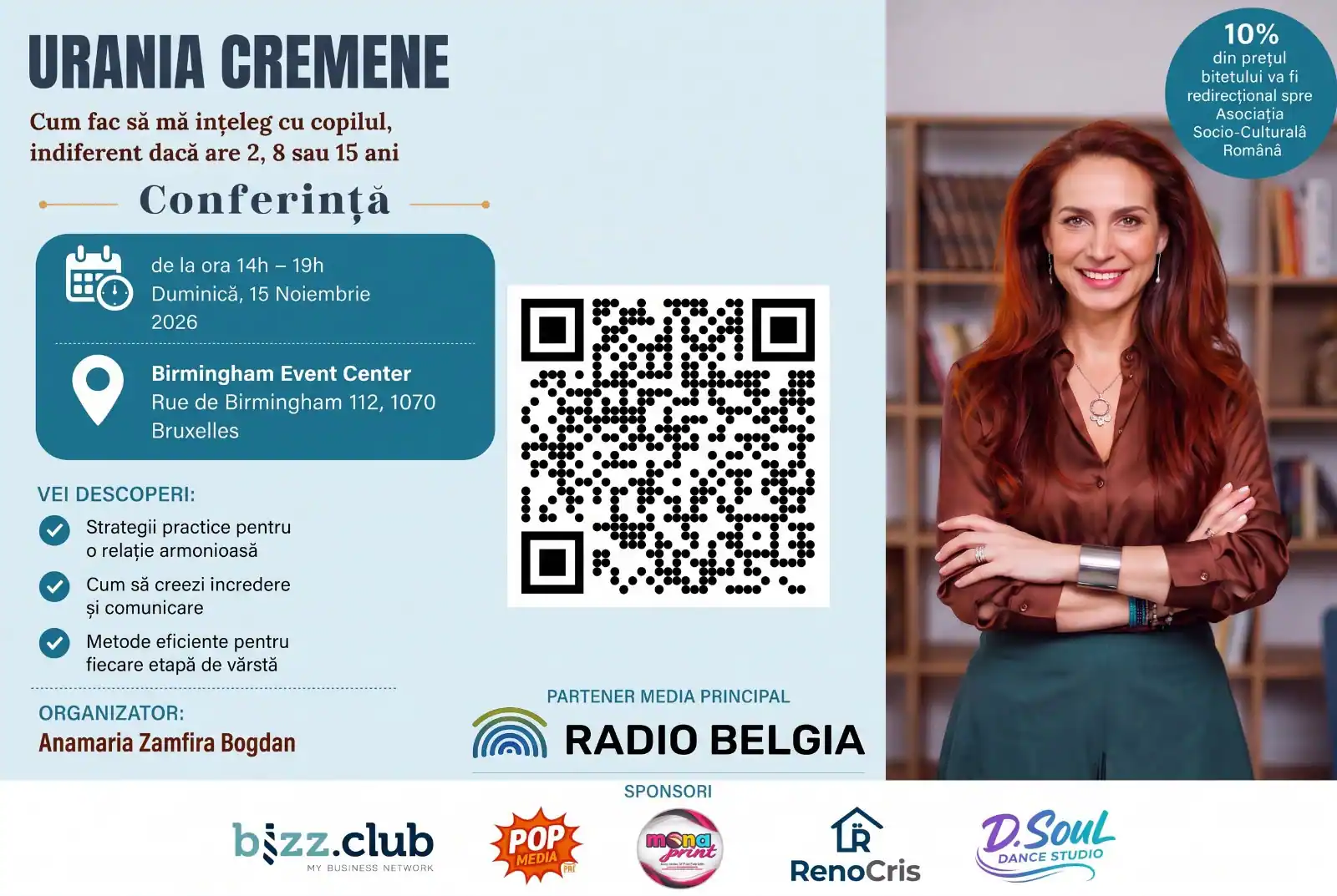 Afișul conferinței de parenting cu Urania Cremene la Bruxelles, 15 noiembrie 2026